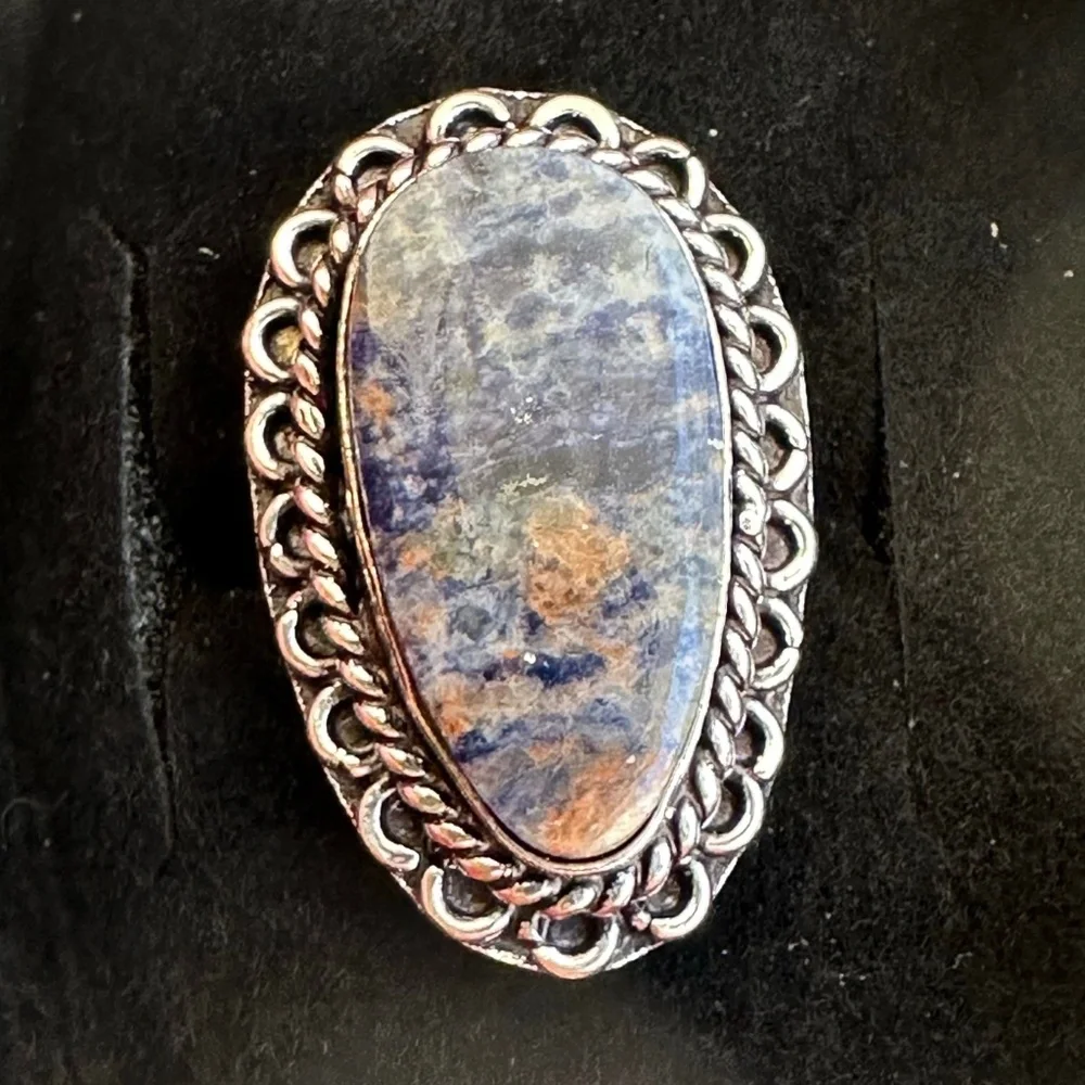 Blue Sodalite Teardrop Shape Stone Silver Plated Brass Adjustable Ring - Picture 10 of 10